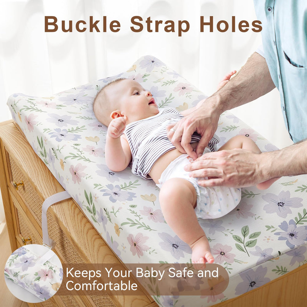 TILLYOU changing pad cover with elastic bottom and buckle straps ensures a secure non-slip fitting.