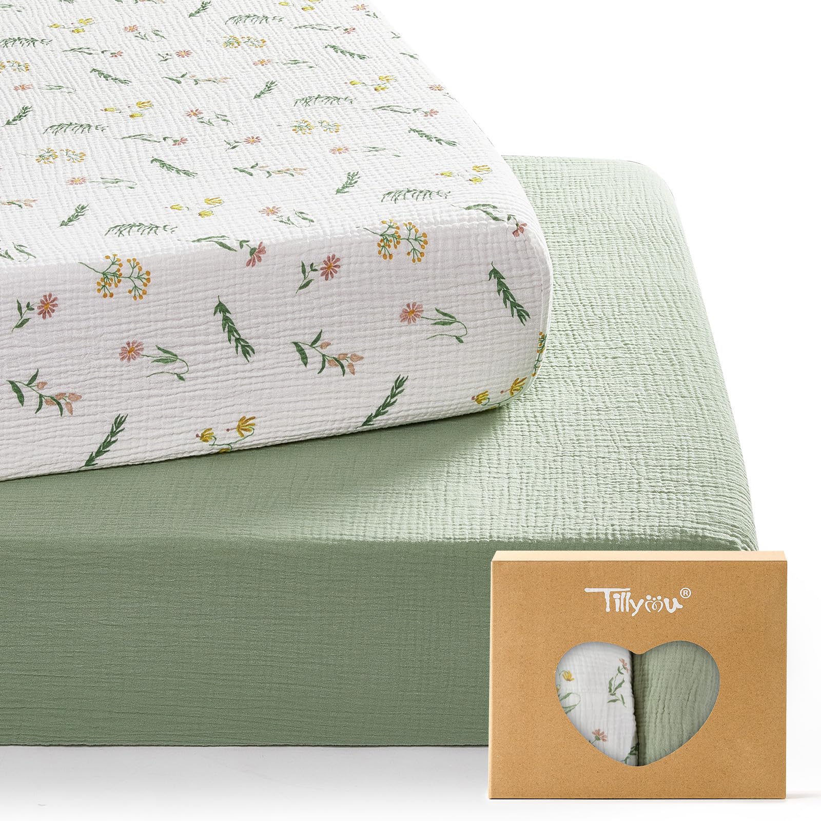 TILLYOU Daisy muslin crib sheet close-up shows soft, breathable 100% cotton for gentle skin.