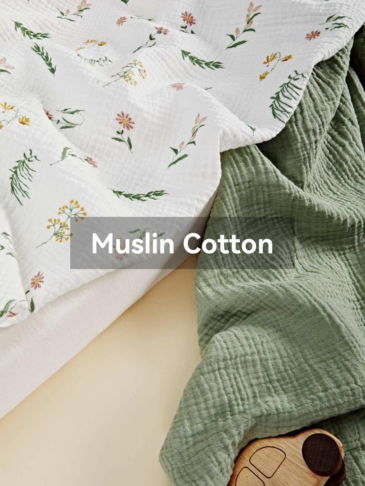 TILLYOU Daisy muslin sheet with secure elastic edge demonstrates snug, wrinkle-free fit.