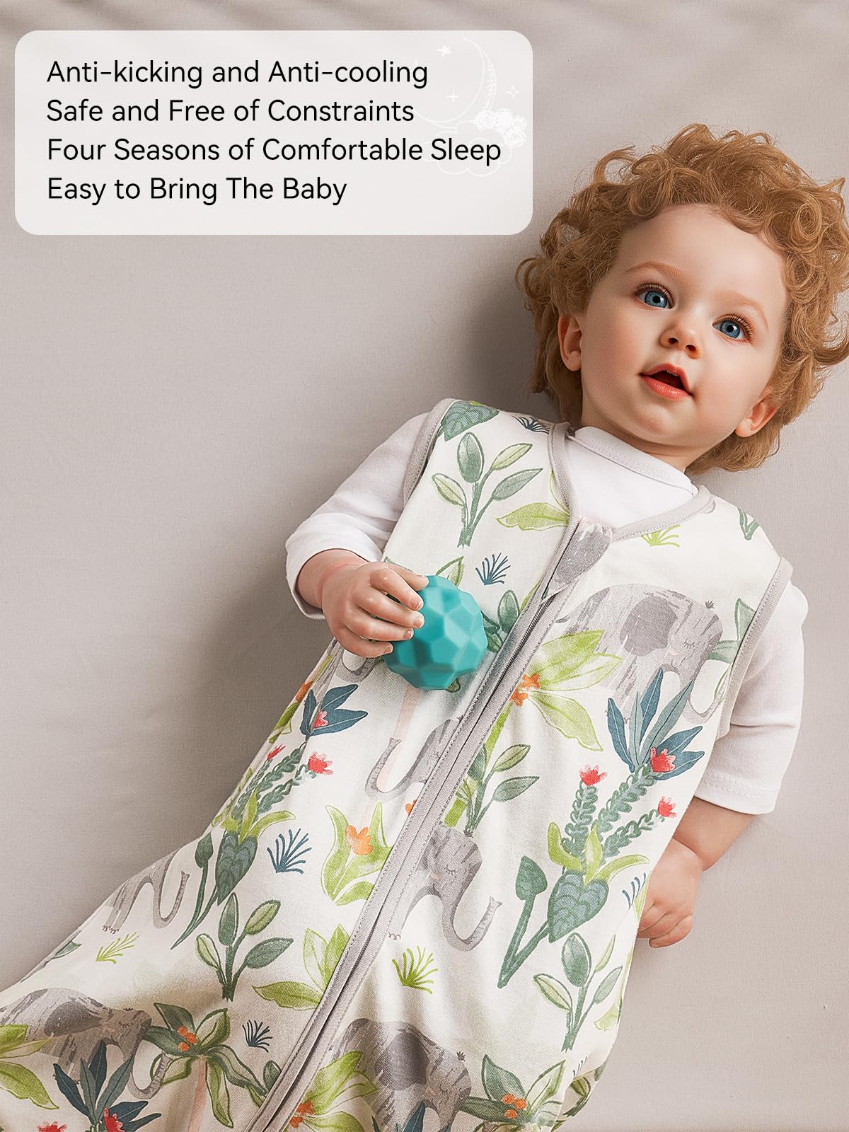 TILLYOU elephant-design sleep sack shows growth range sizing options