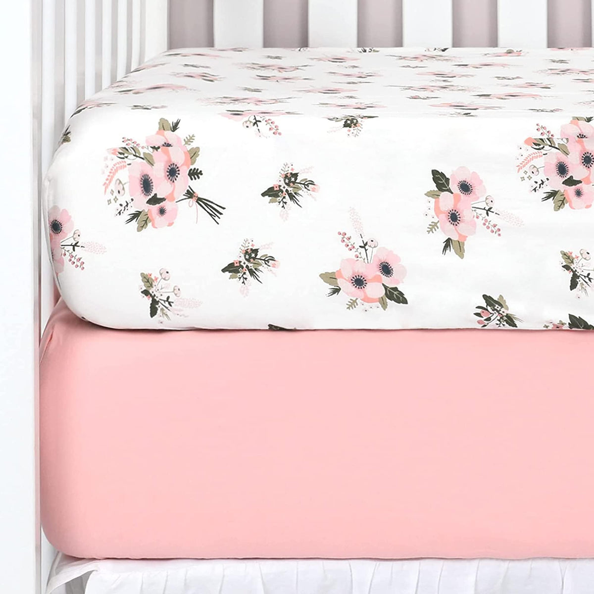 TILLYOU fitted crib sheet pink floral closeup shows ultra-soft cotton touch for gentle skin