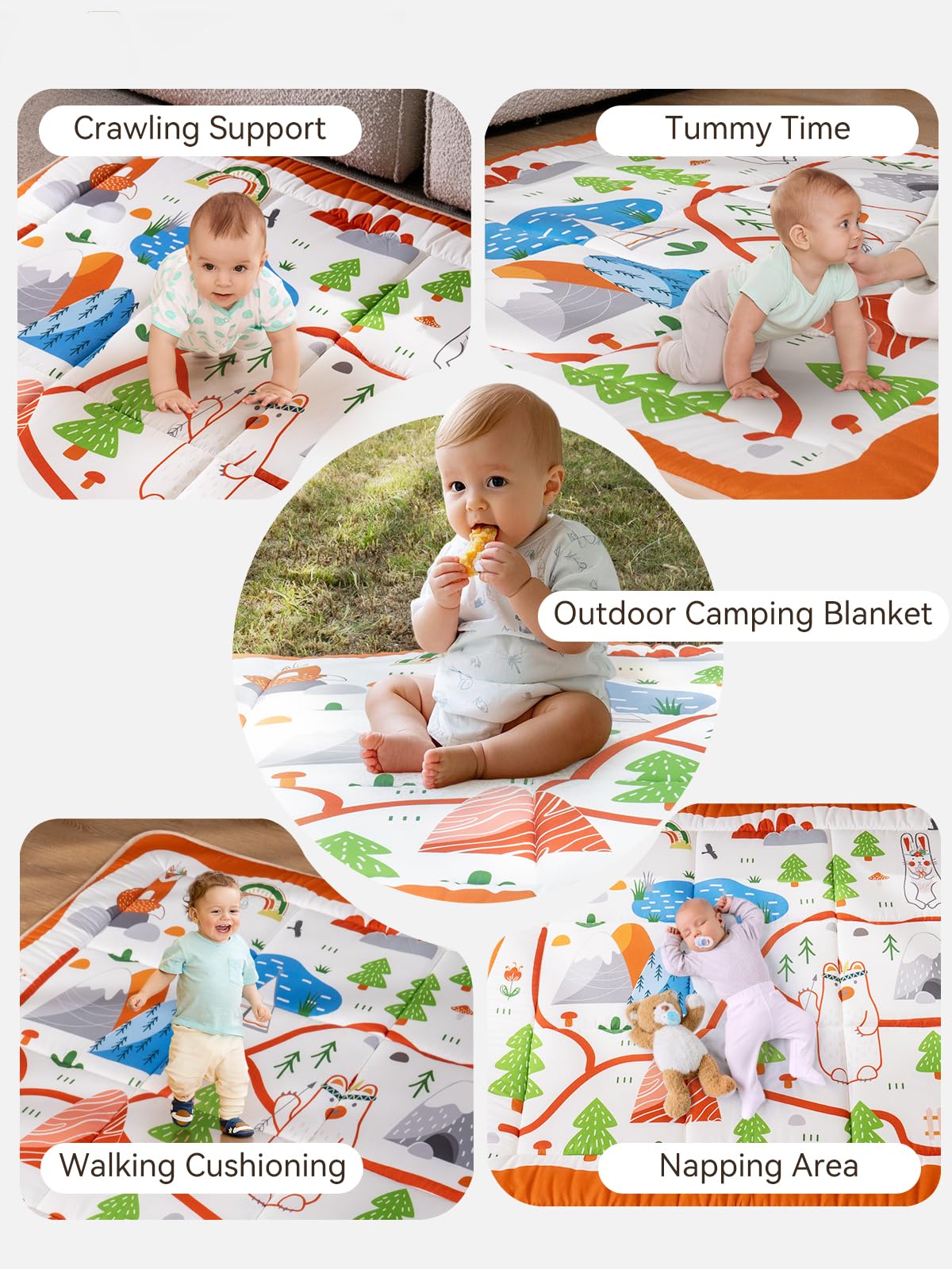 TILLYOU foldable crawling mat highlights quilted, portable design.