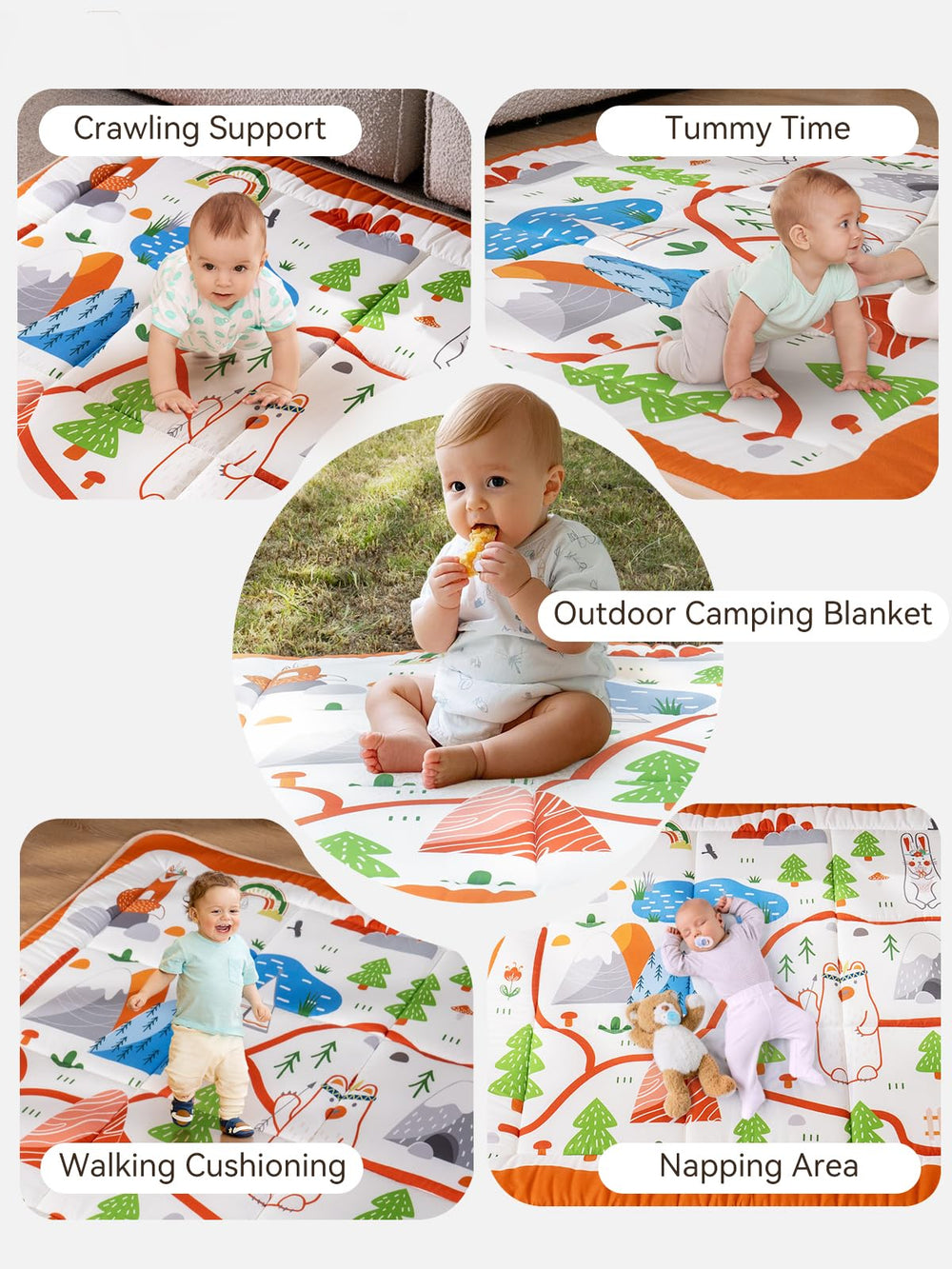 TILLYOU foldable crawling mat highlights quilted, portable design.