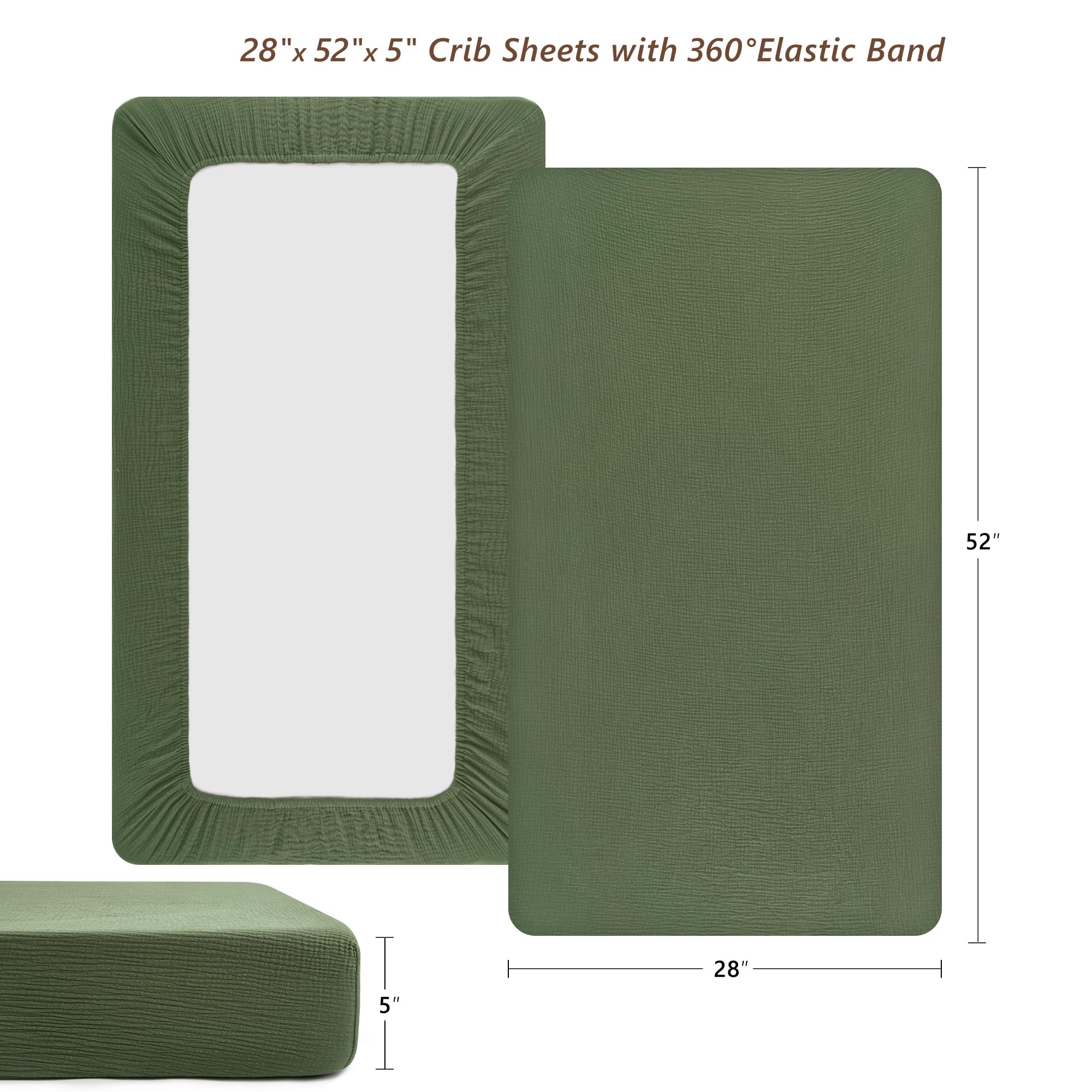 TILLYOU light-green crib sheet folded shows soft muslin texture and ease of use.
