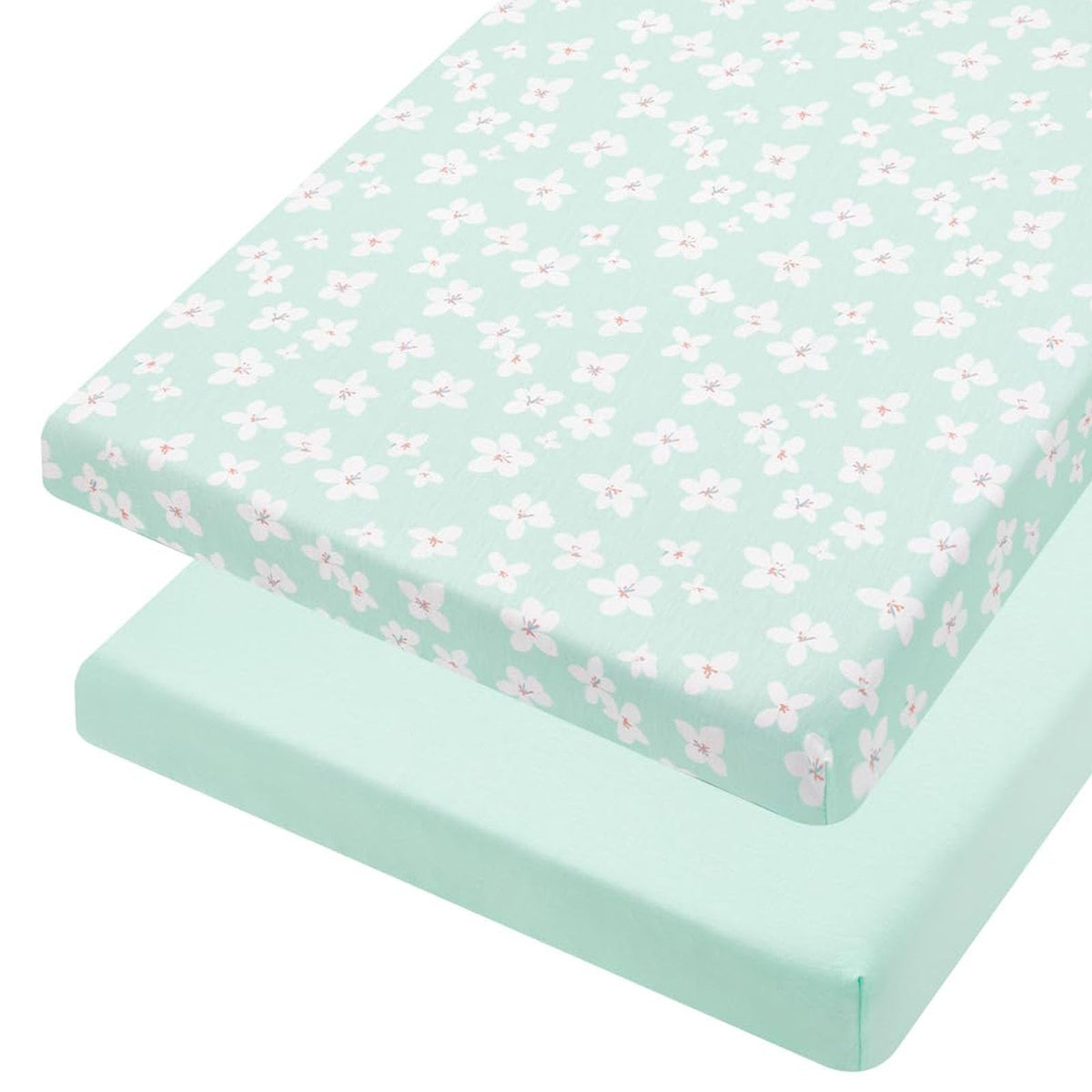 TILLYOU mini-crib-fitted-sheet Fresh Flowers closeup shows snug fit for secure night sleep