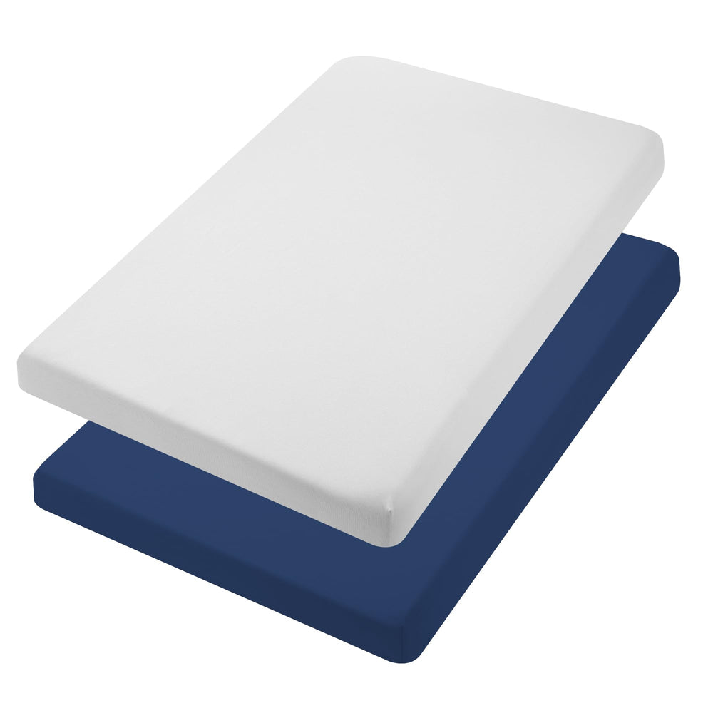 TILLYOU light gray and navy fitted sheet complements modern nursery decor