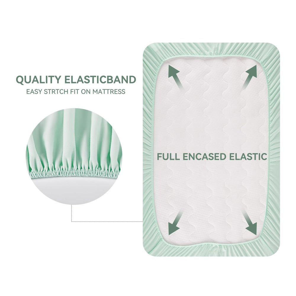 TILLYOU mini-crib-sheet elastic-bottom demonstrates secure elastic edge for stay-in-place fit