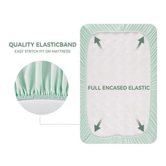 TILLYOU mini-crib-sheet elastic-bottom demonstrates secure elastic edge for stay-in-place fit