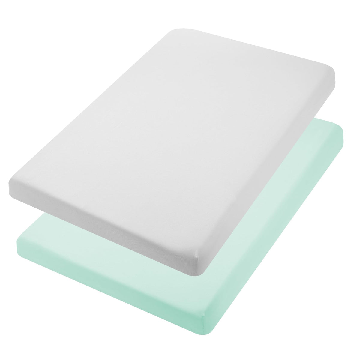 TILLYOU mini crib sheet in light green, neatly folded for quick use and cozy baby comfort.