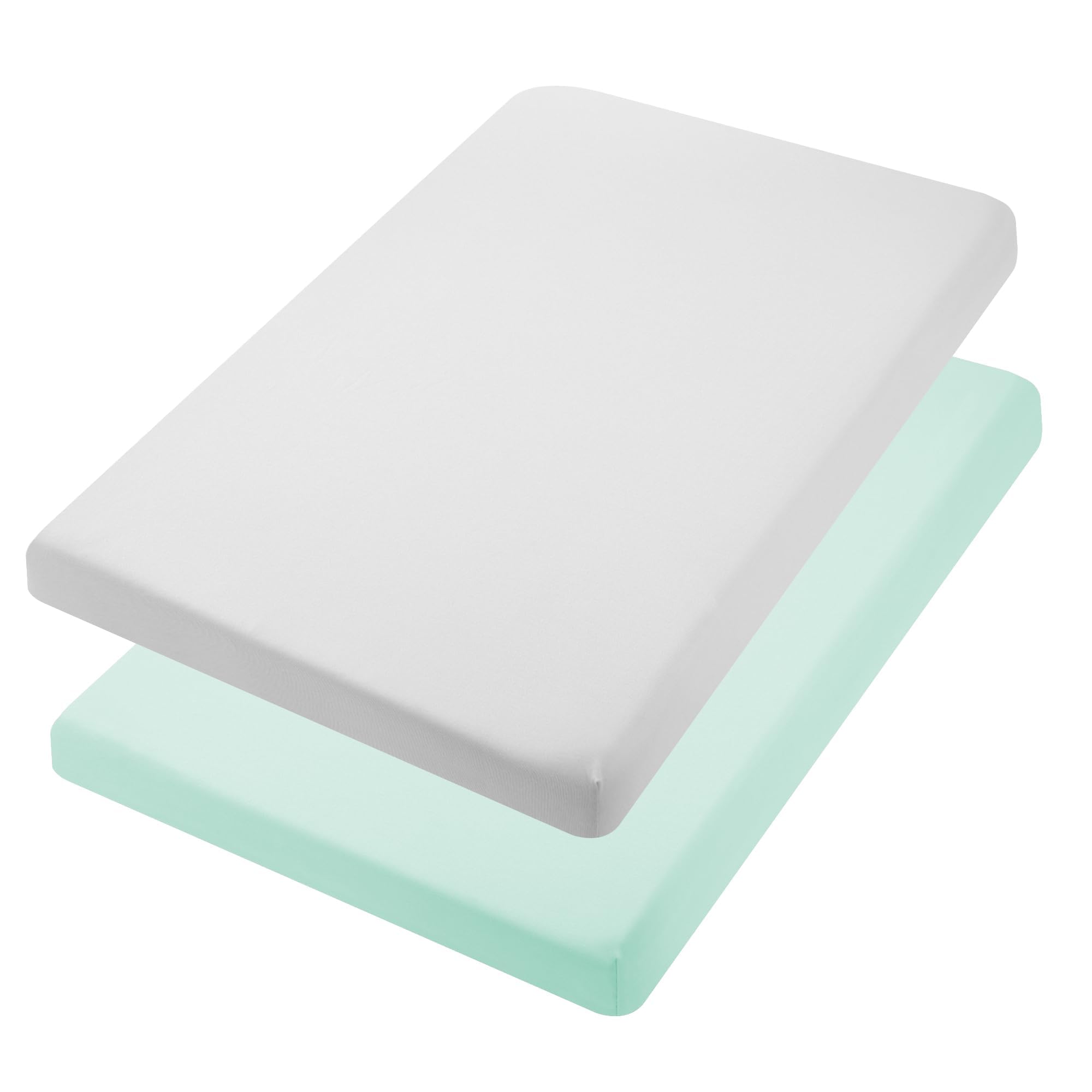 TILLYOU mini crib sheet on a playpen mattress with soft colors in a nursery.