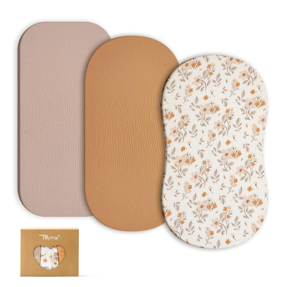 TILLYOU muslin bassinet sheets 3-pack show soft, breathable fabric for gentle sleep