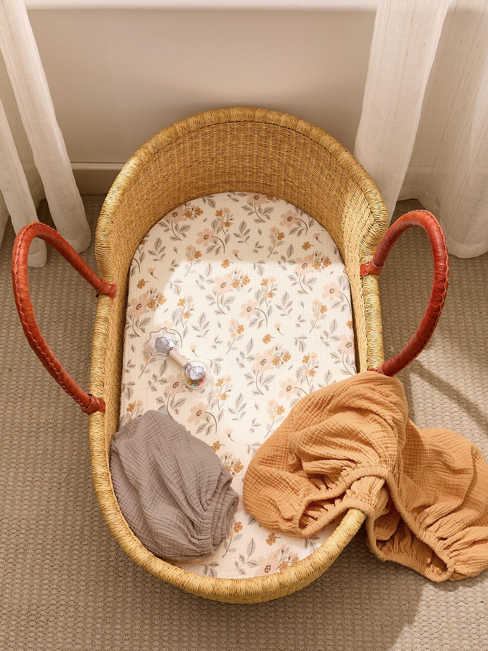 Machine-washable and dryer-safe TILLYOU bassinet sheets in action