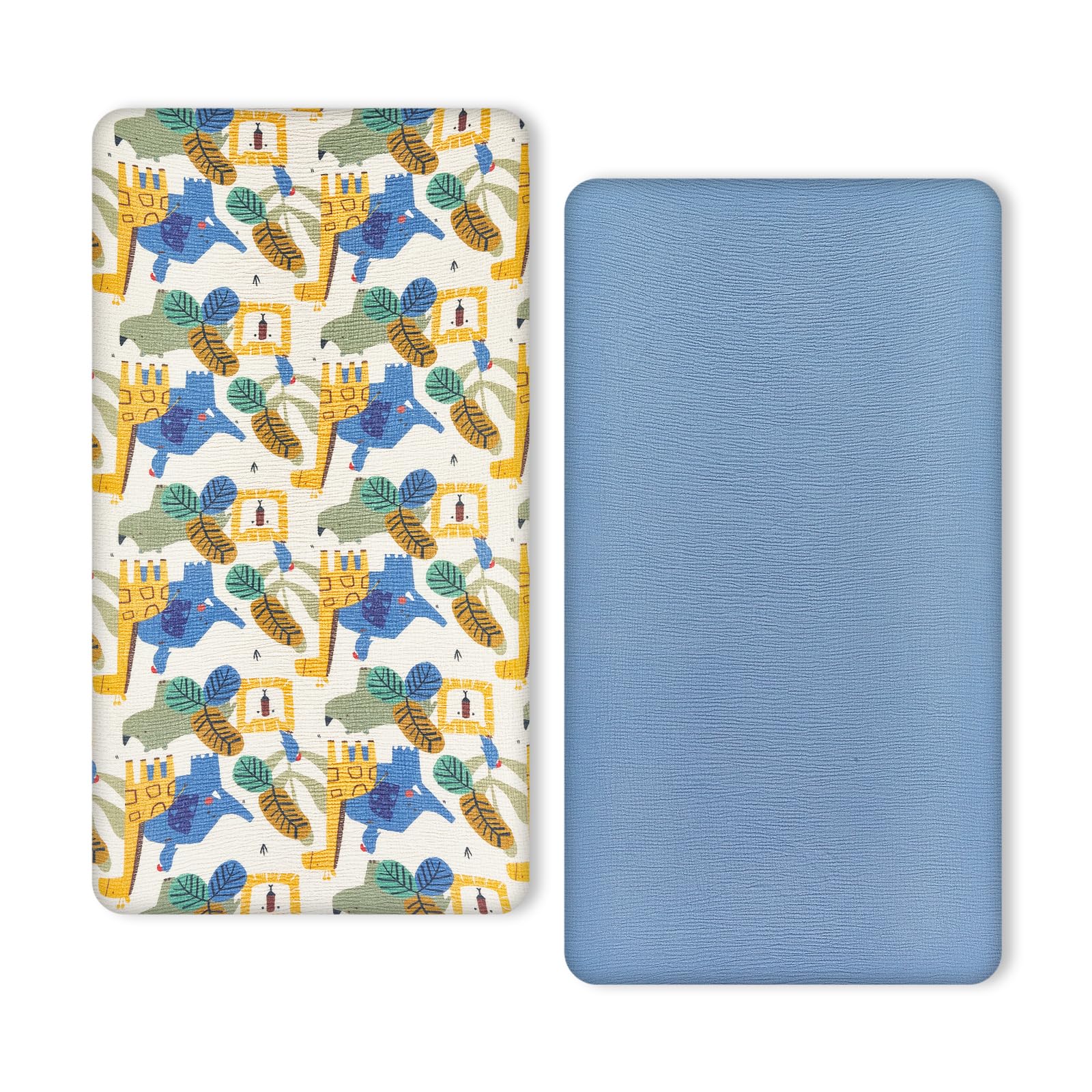 TILLYOU muslin crib sheet animal-geometry-blue close-up highlights breathable cotton comfort