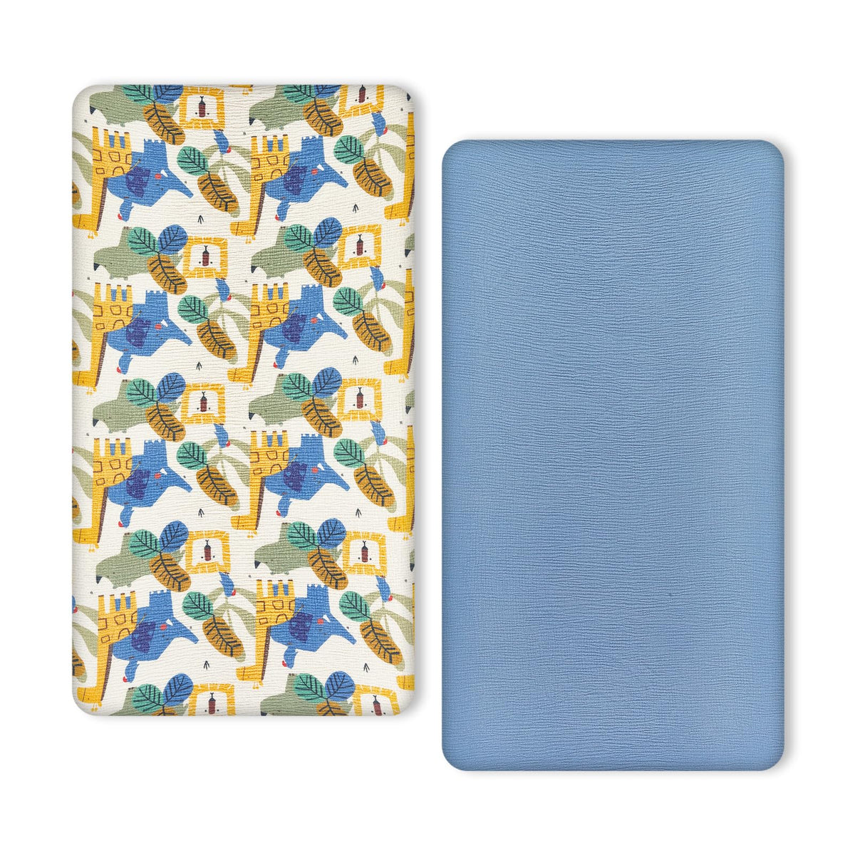 TILLYOU muslin crib sheet animal-geometry-blue close-up highlights breathable cotton comfort