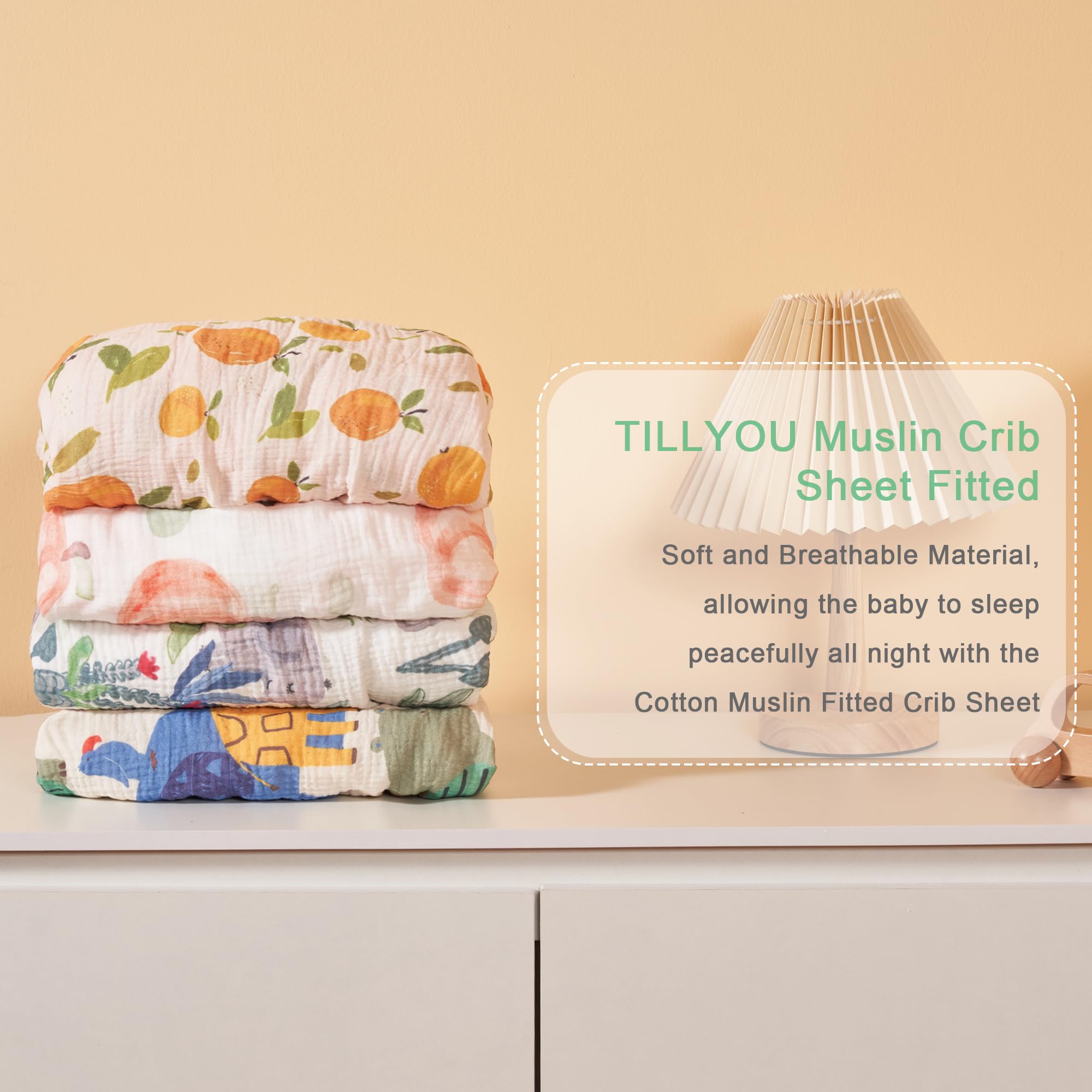 TILLYOU muslin crib sheet elastic band view enables easy on-off changes.