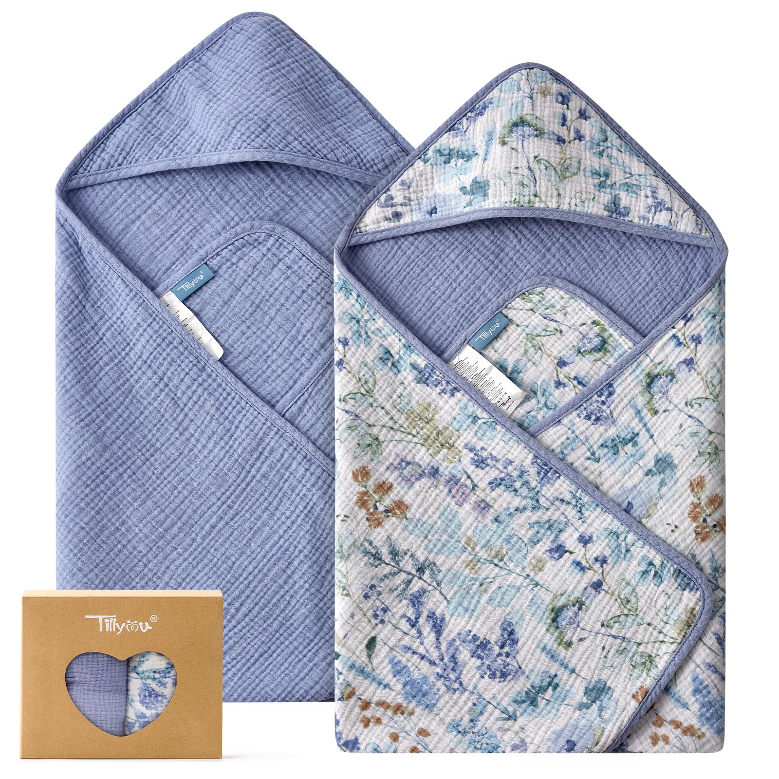 TILLYOU muslin hooded towel blue flower close-up shows ultra-soft fabric
