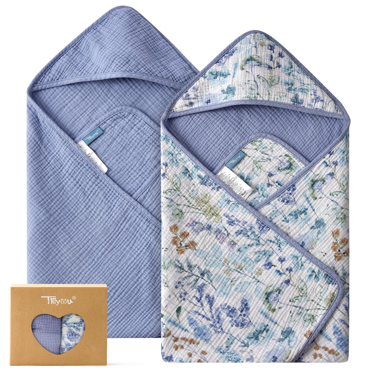 TILLYOU muslin hooded towel blue flower close-up shows ultra-soft fabric