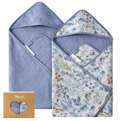 TILLYOU muslin hooded towel blue flower close-up shows ultra-soft fabric
