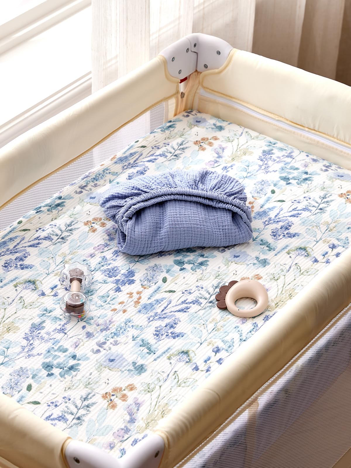 TILLYOU Muslin mini crib sheet cotton texture detail emphasizes breathable fabric