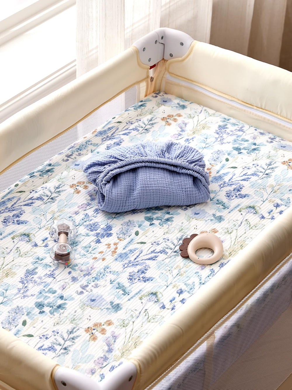 TILLYOU Muslin mini crib sheet cotton texture detail emphasizes breathable fabric