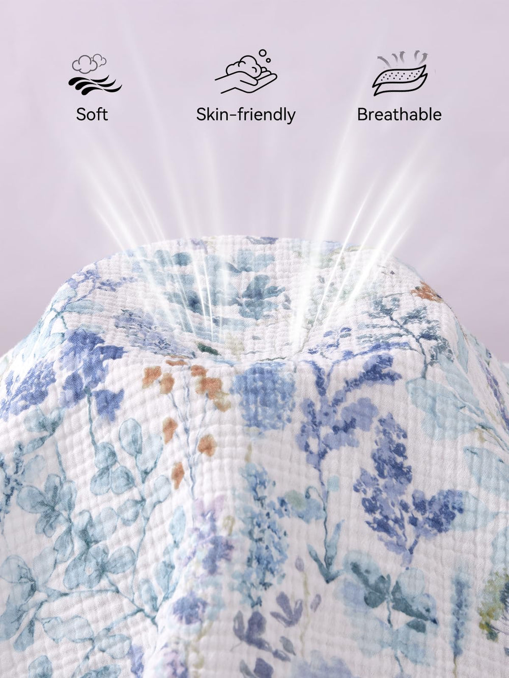 TILLYOU Muslin mini crib sheet elastic edge closeup shows secure, wrinkle-free edge
