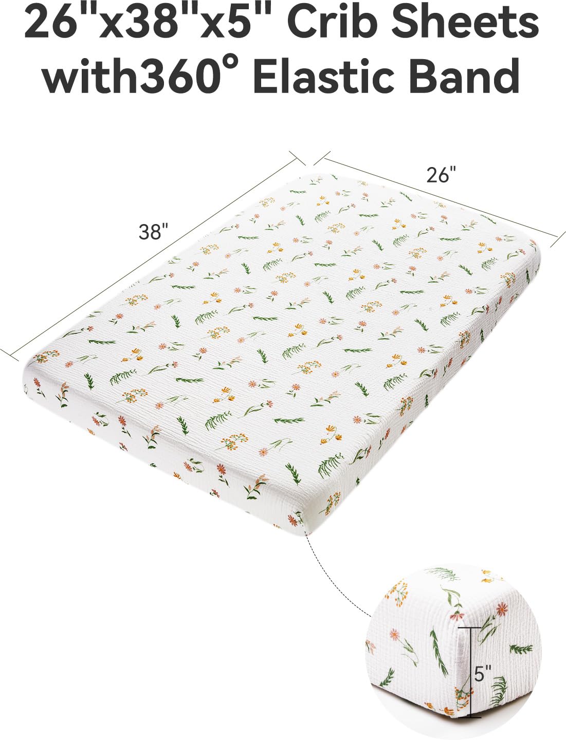 TILLYOU muslin mini crib sheets daisy on mattress showing wrinkle-free fit