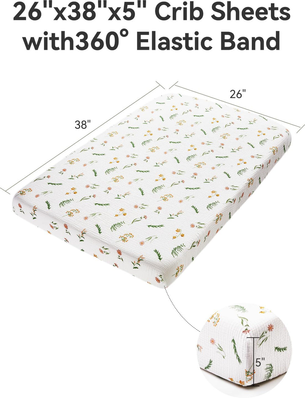 TILLYOU muslin mini crib sheets daisy on mattress showing wrinkle-free fit