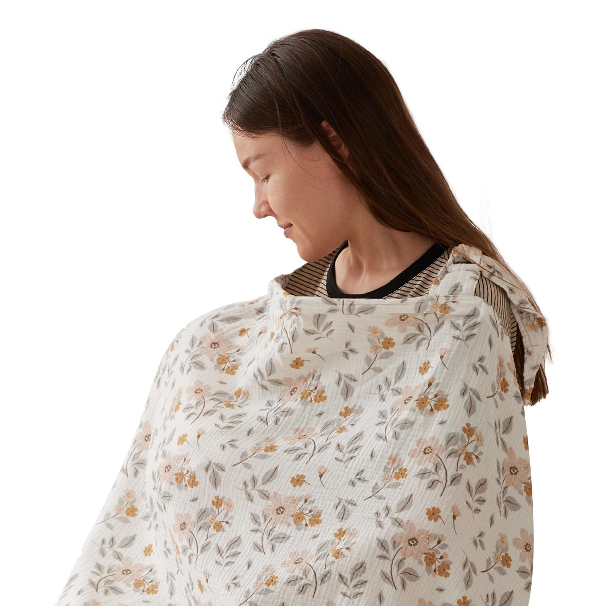 TILLYOU muslin nursing cover with arch neckline yellow flower for breathable privacy while breastfeeding