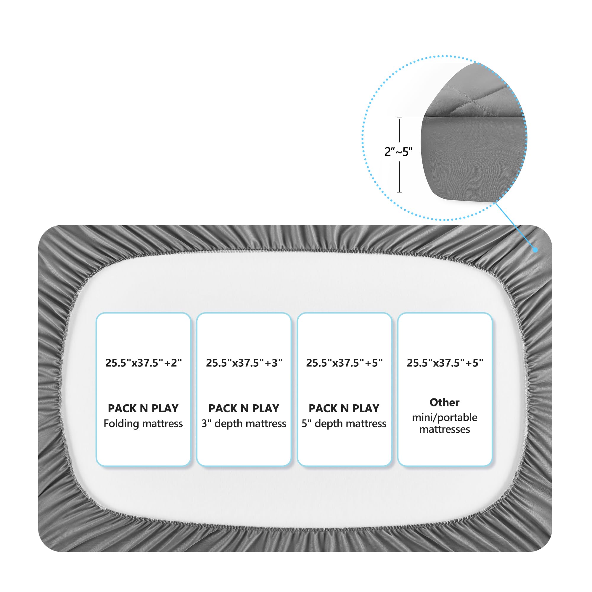 TILLYOU deep-pocket 1-3 inch keeps sheet in place on play yards.