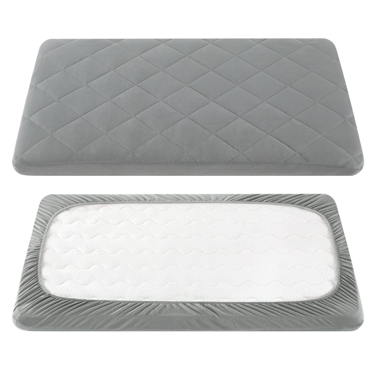 TILLYOU pack-and-play sheet showing soft-quilted cover pad for cozy infant comfort.