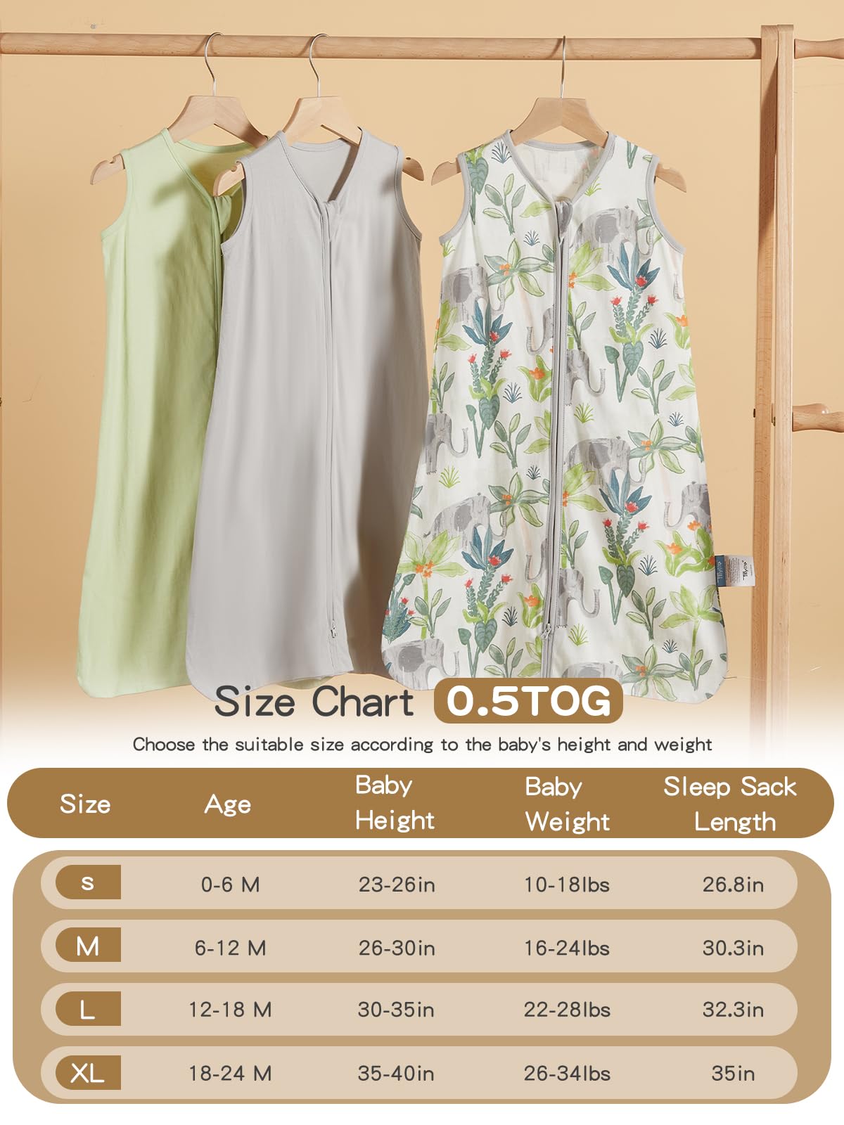 TILLYOU elephant sleep sack close-up highlights durable cotton fabric and gentle feel