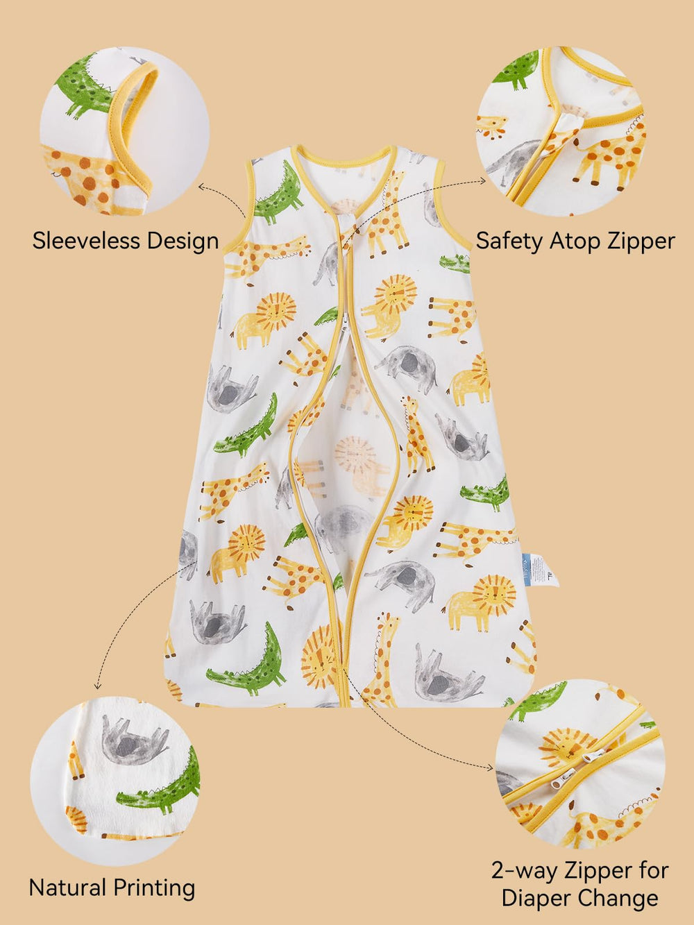 TILLYOU sleep sack size chart highlighting 0-6M to 18-24M options.