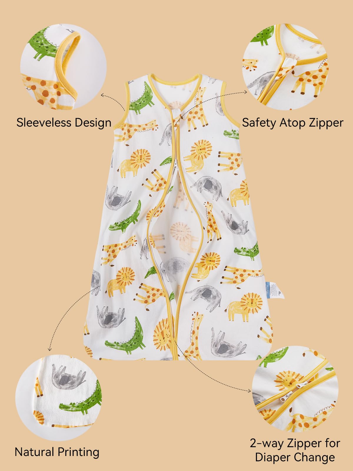 TILLYOU sleep sack sizes chart shows the four growth stages from newborn to toddler.