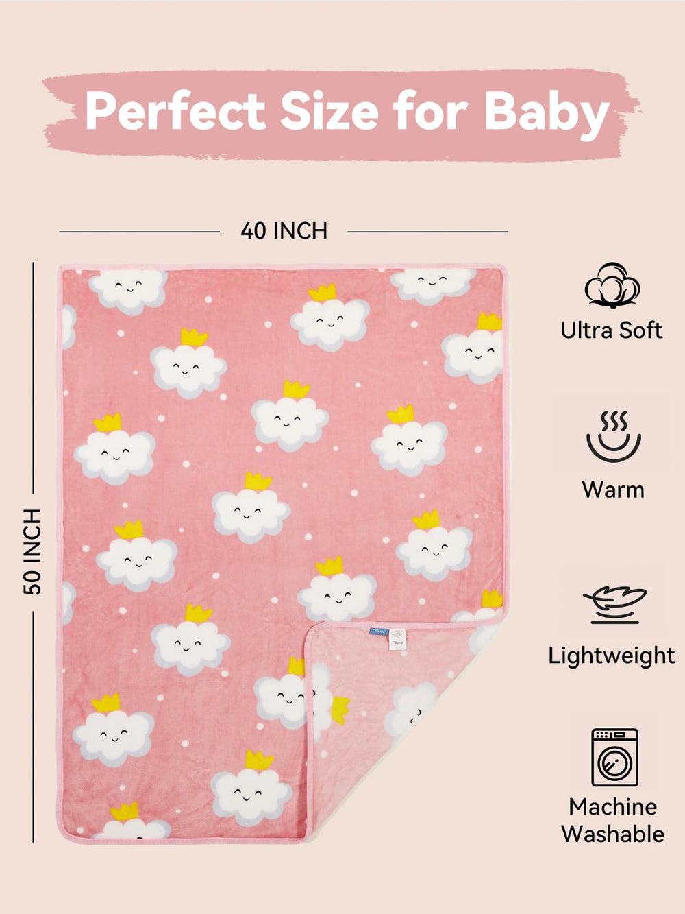 TILLYOU pink cloud pattern on toddler blanket adds playful charm.
