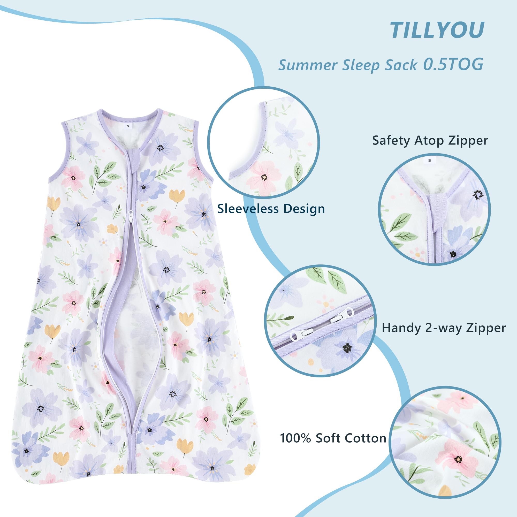 TILLYOU two-way zipper sleep sack enables easy diaper changes.