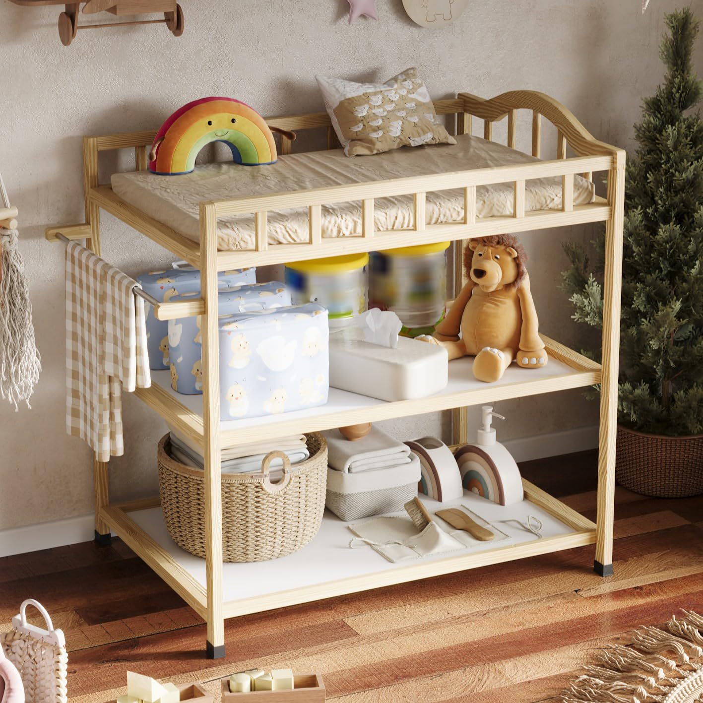 Timechee Paintless Pine Changing Table front view highlights compact footprint for small nurseries