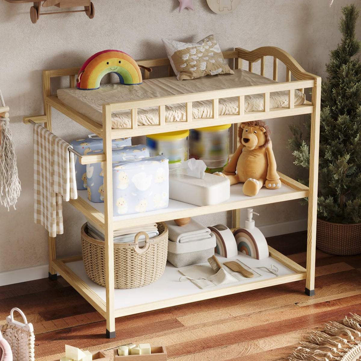 Timechee Paintless Pine Changing Table front view highlights compact footprint for small nurseries