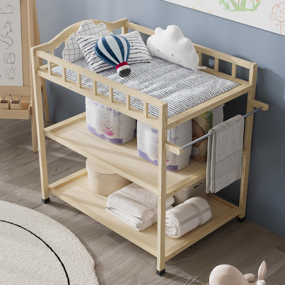 Timechee Pine Changing Table hanging rod demonstrates versatile drying and towel organization