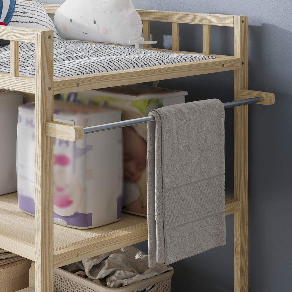 Timechee Pine Changing Table in nursery scene highlights versatile diapering and dressing space