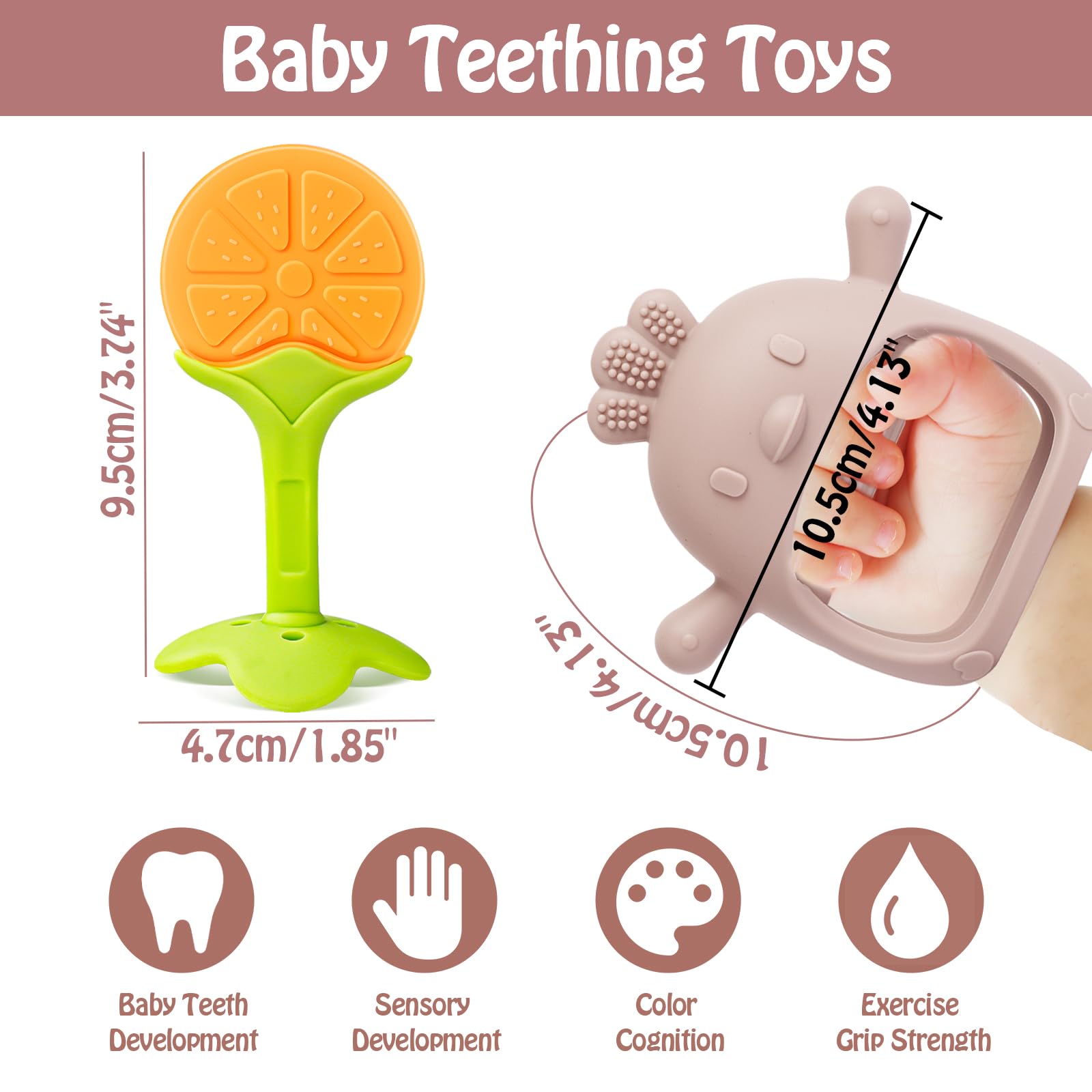 Tinabless baby hands with mitten demonstrates easy grip on a chew toy.