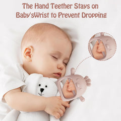 Tinabless infant teether pink mitts closeup highlights textured beads for multi-sensory exploration.