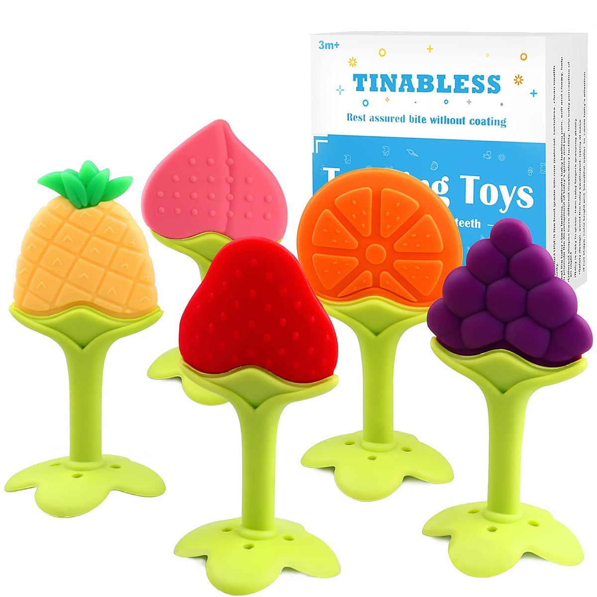 Tinabless teething keys close-up showing soft silicone textures for gentle gum relief.