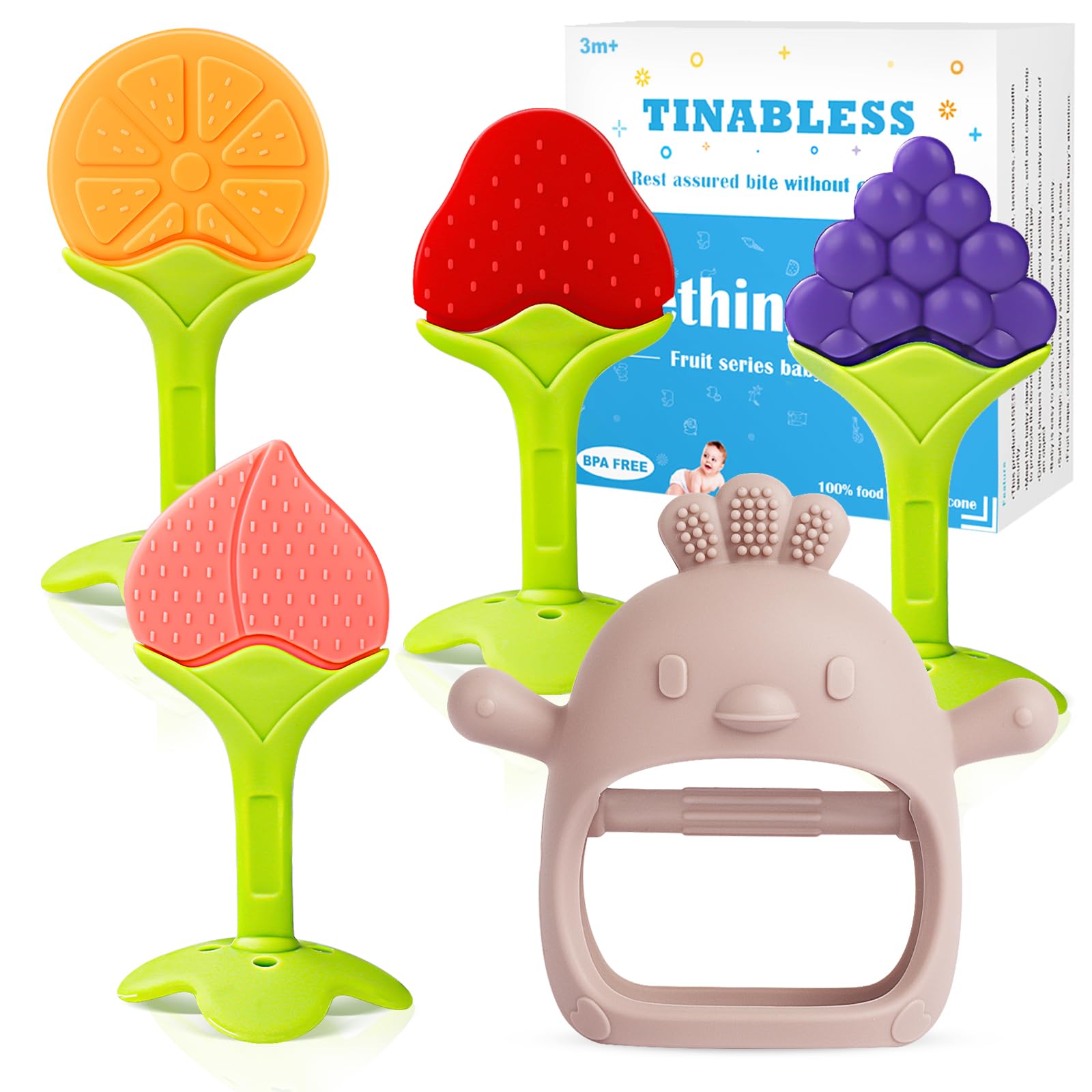 Tinabless teething mitten pack shows safe silicone options for soothing gums on the go.