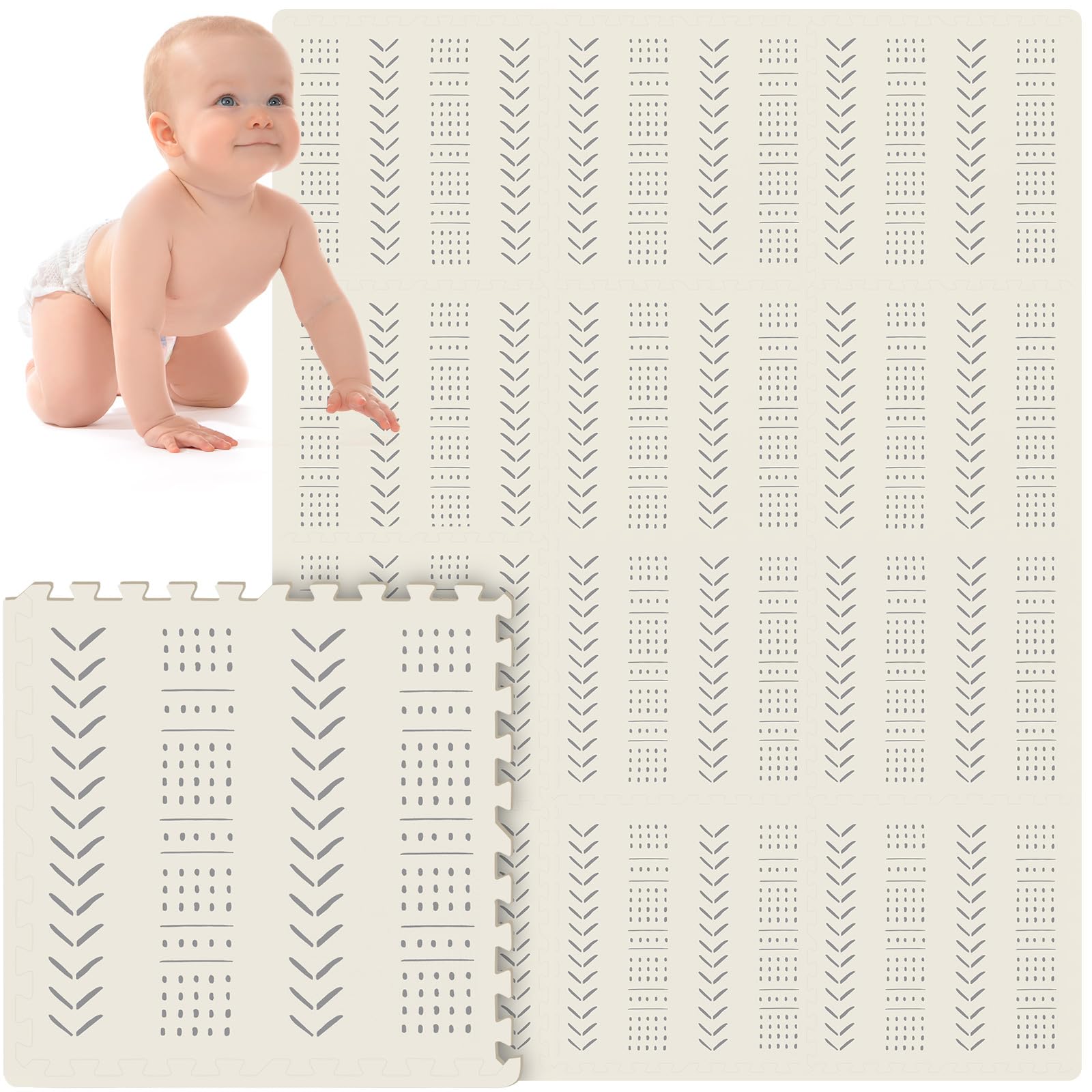 Tinideya 12 tiles baby play mat laid on floor for safe tummy time.