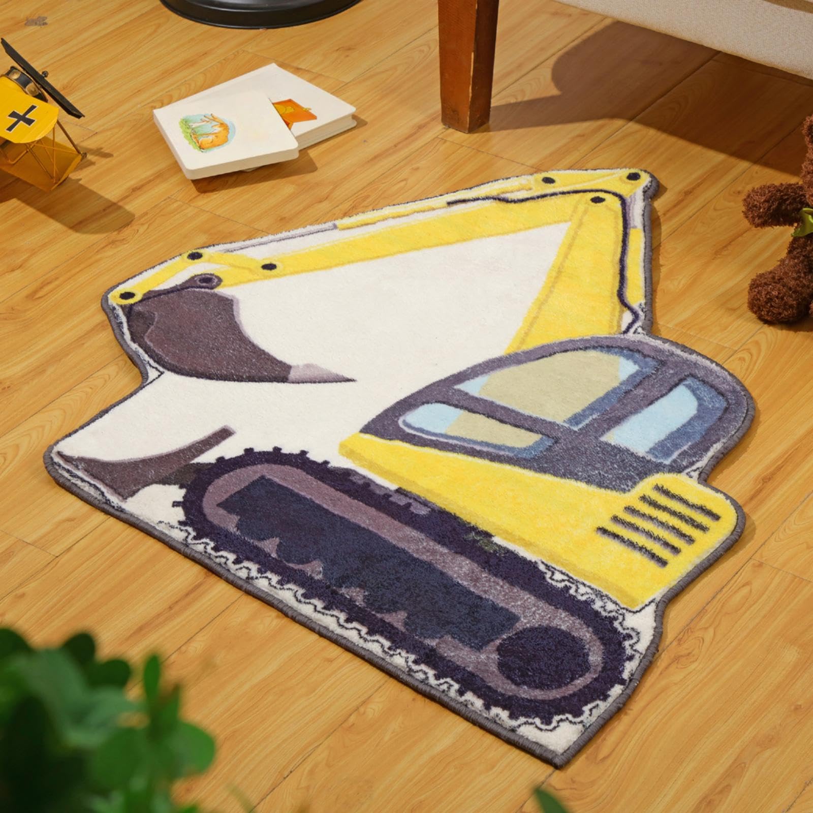 Tinideya Excavator Bedroom Rug closeup showcases plush imitation cashmere for cozy playtime.