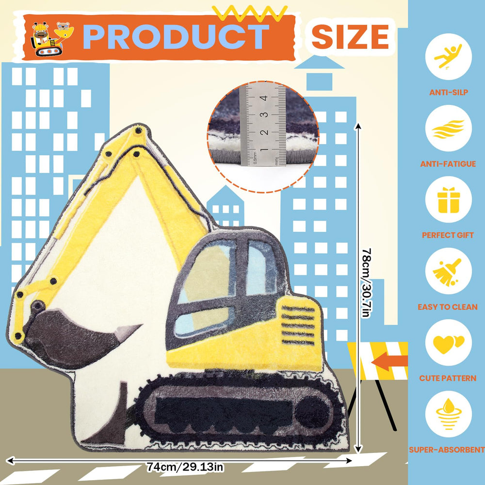 Tinideya Excavator Bedroom Rug front view highlights bright excavator design for imaginative play.