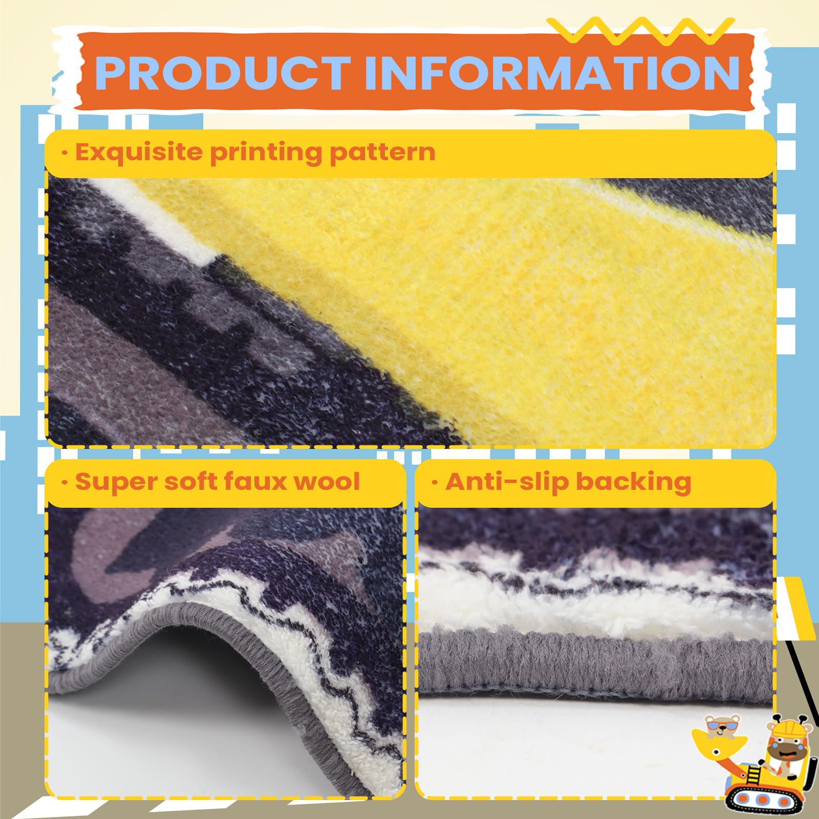 Tinideya Excavator Bedroom Rug in a kids play area demonstrates a safe, non slip surface.