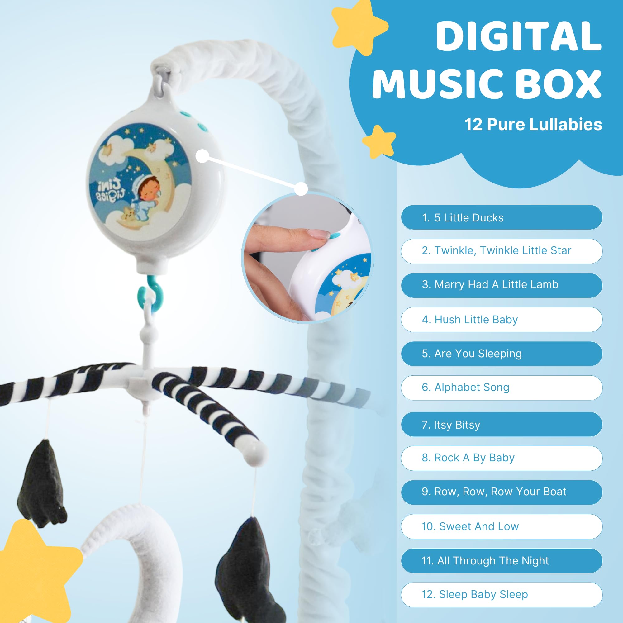 TINITIGIES Starry Night Mobile 12 lullabies provide soothing piano melodies for sleep.