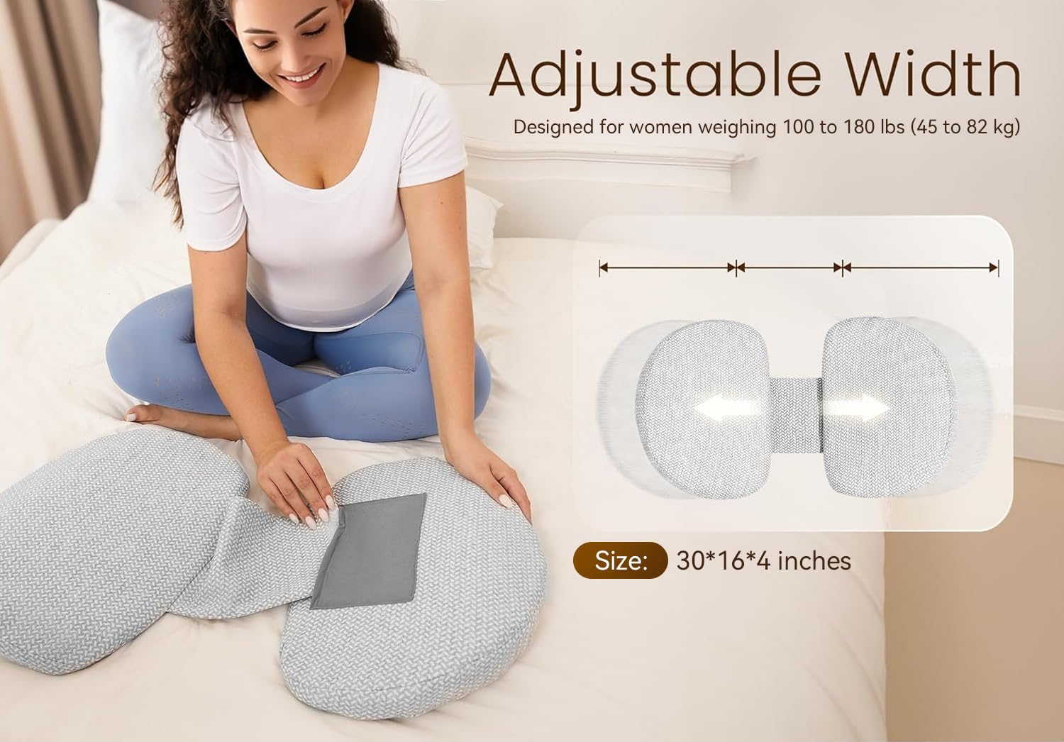 Tinkerz pregnancy pillow versatile use for side sleeping, leg support, and lumbar comfort.