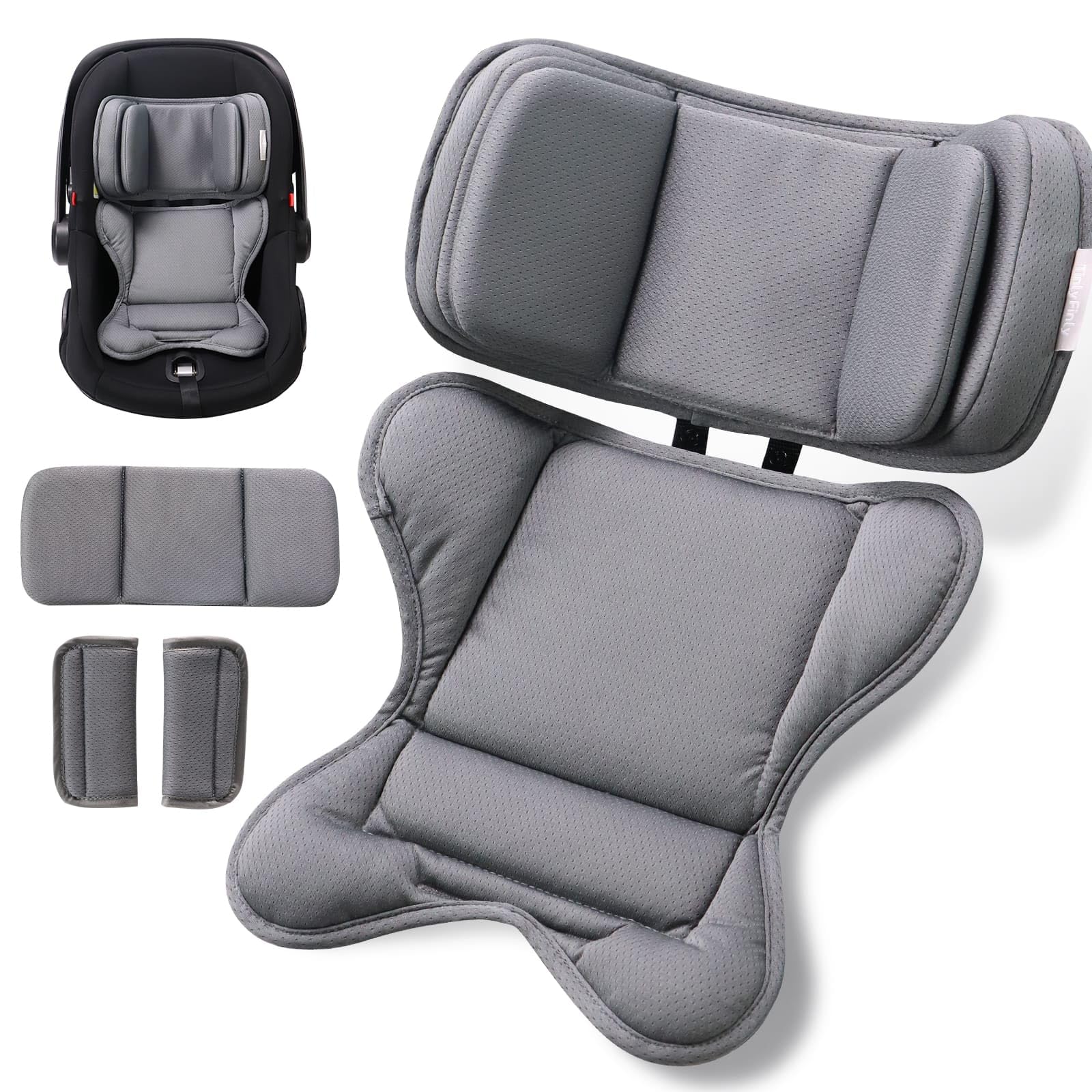 TinlyFinly infant insert softness-foam demonstrates enhanced comfort and shape retention for car rides.